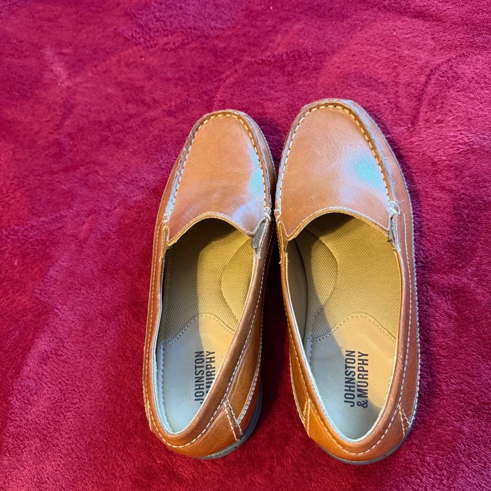 Johnston & Murphy Boys Tan Leather Slip‎ On Loafers Moc Toe Dress Shoes Size 4M